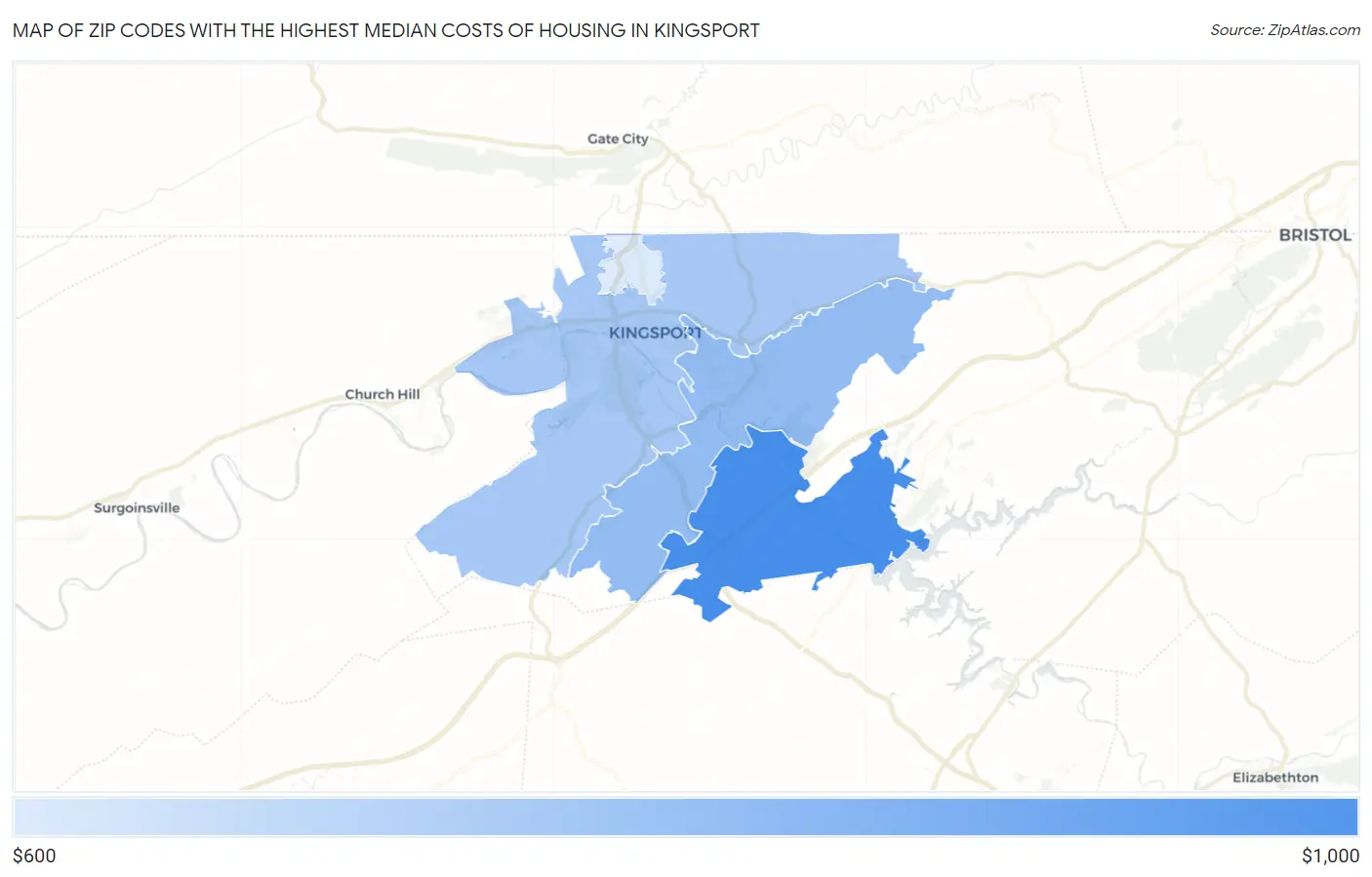 Zip Codes with the Highest Median Costs of Housing in Kingsport Map