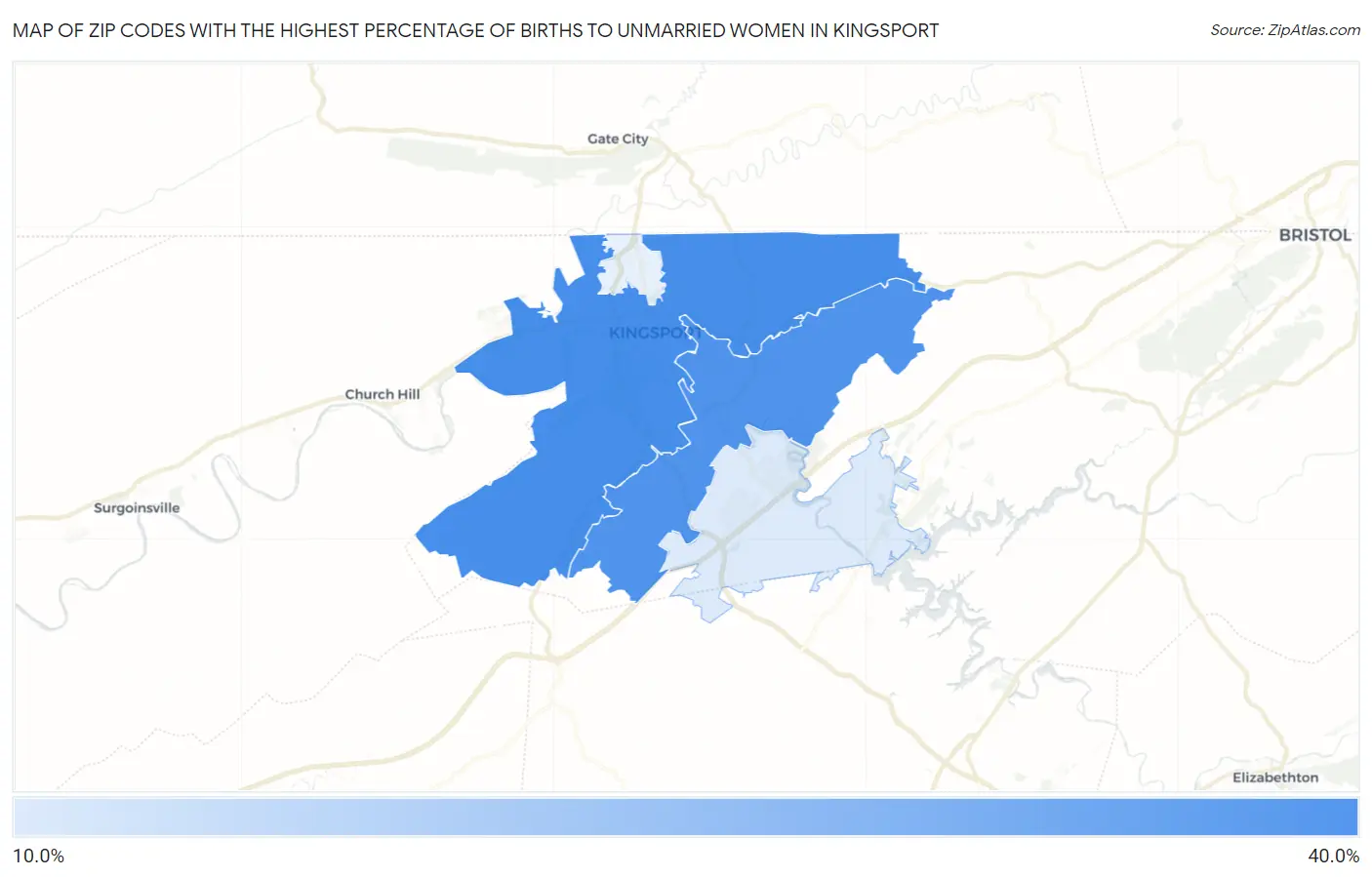 Zip Codes with the Highest Percentage of Births to Unmarried Women in Kingsport Map