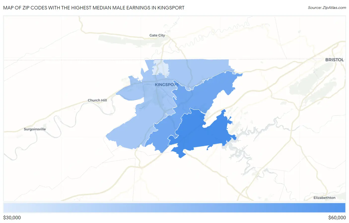 Zip Codes with the Highest Median Male Earnings in Kingsport Map
