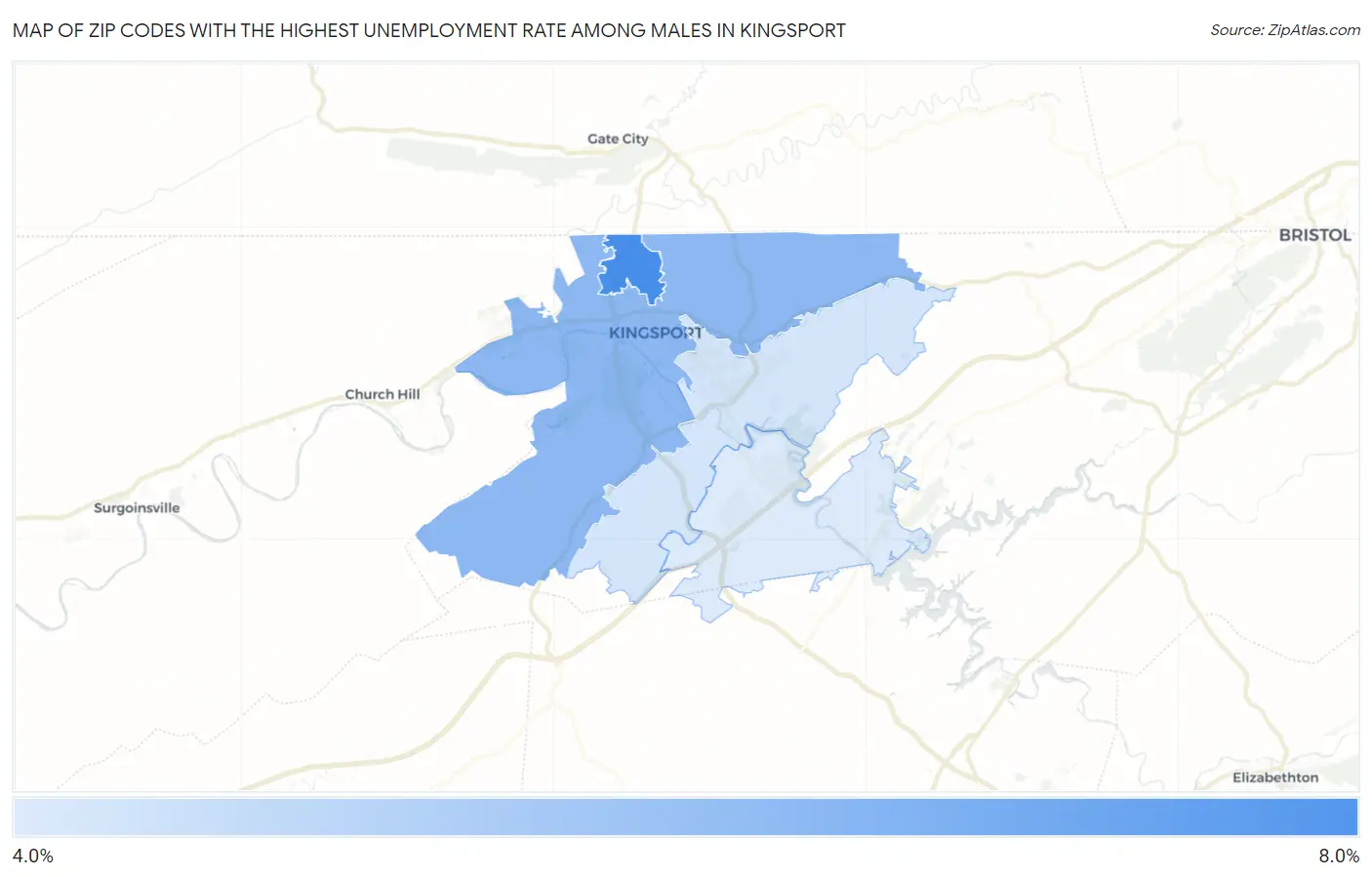 Zip Codes with the Highest Unemployment Rate Among Males in Kingsport Map