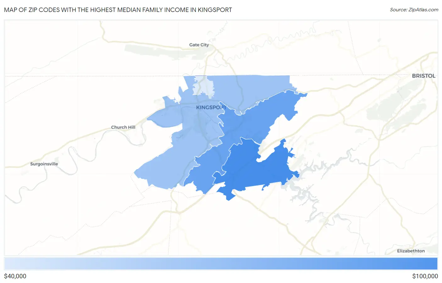 Zip Codes with the Highest Median Family Income in Kingsport Map