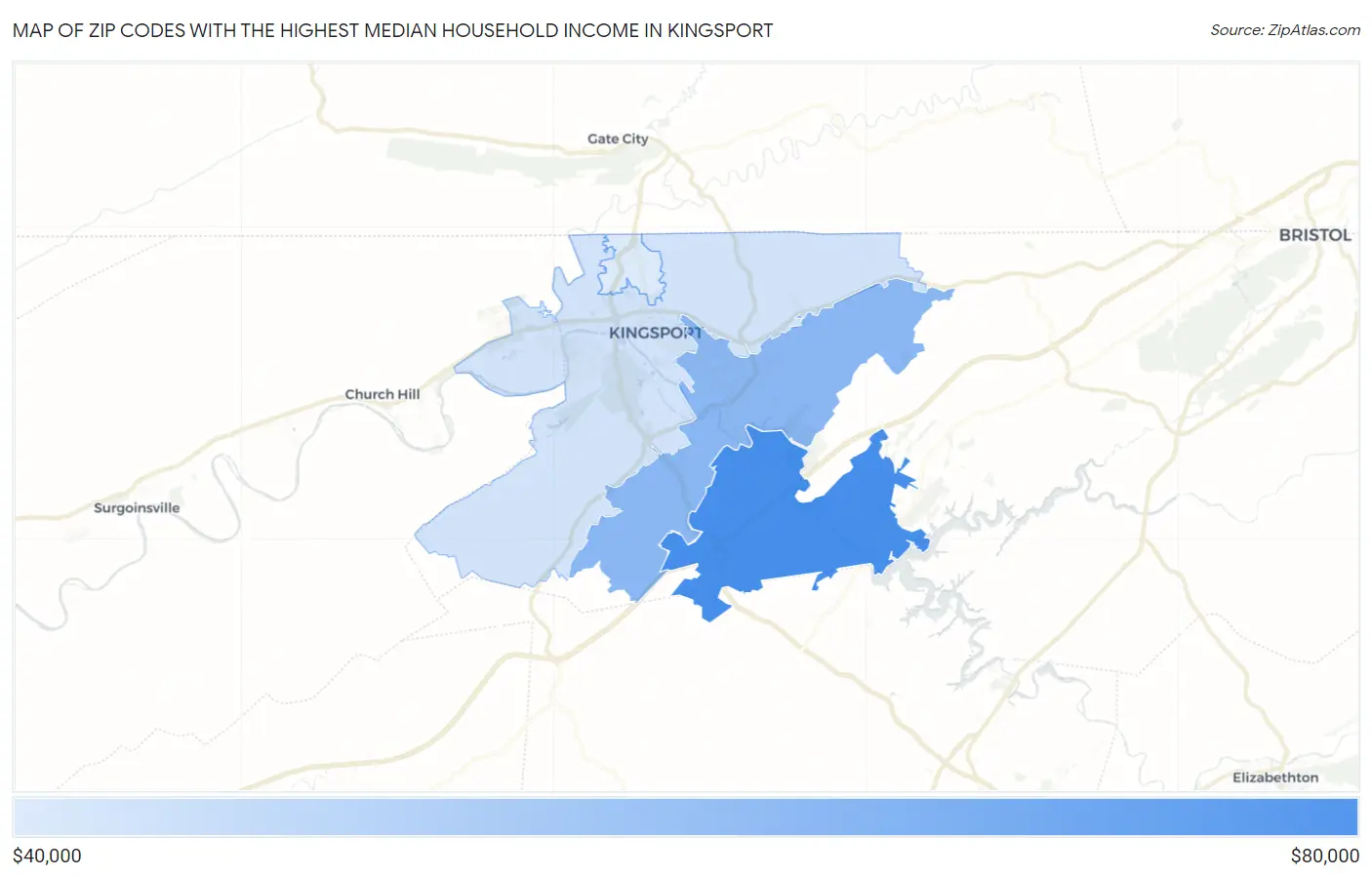 Zip Codes with the Highest Median Household Income in Kingsport Map