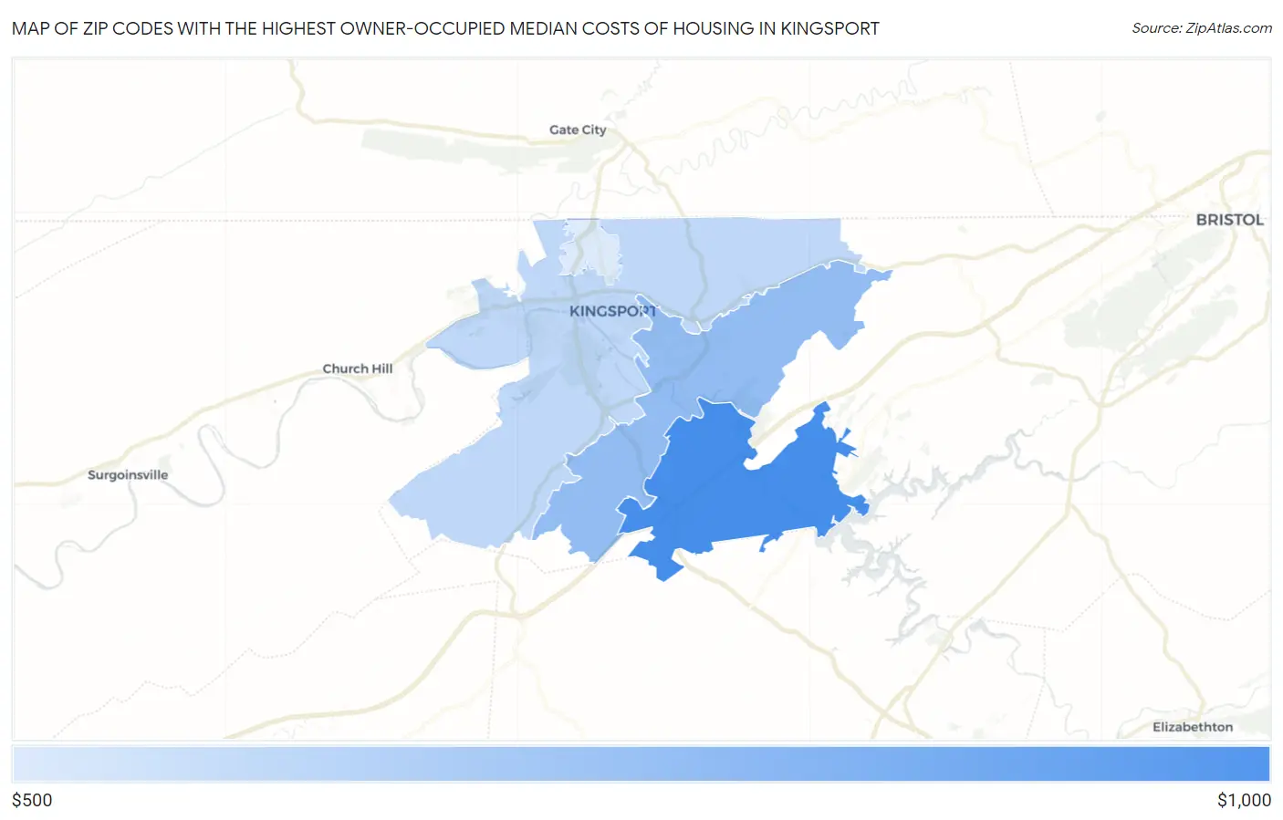 Zip Codes with the Highest Owner-Occupied Median Costs of Housing in Kingsport Map
