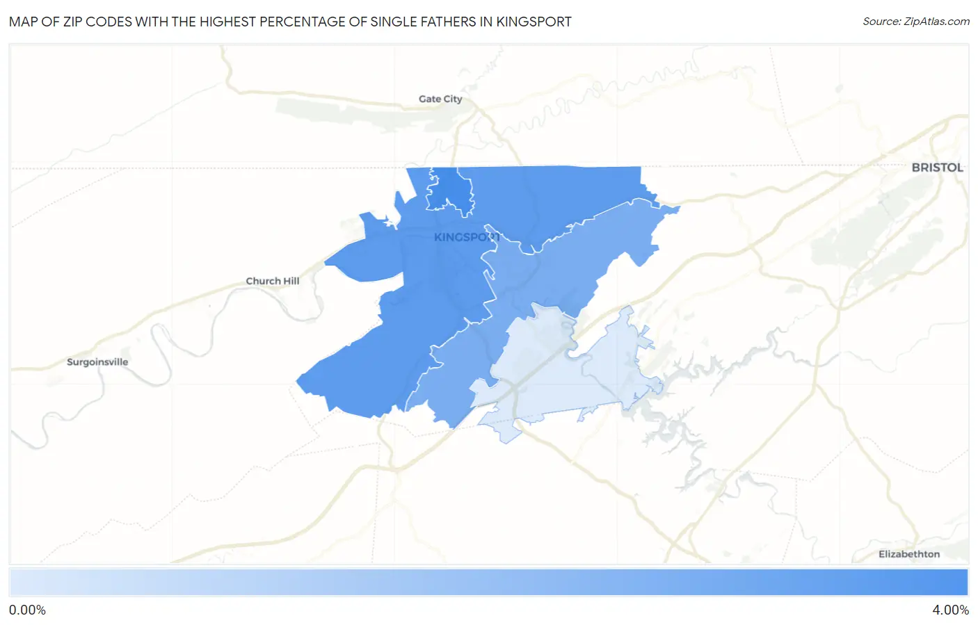 Zip Codes with the Highest Percentage of Single Fathers in Kingsport Map