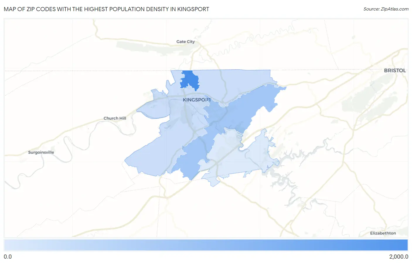 Zip Codes with the Highest Population Density in Kingsport Map