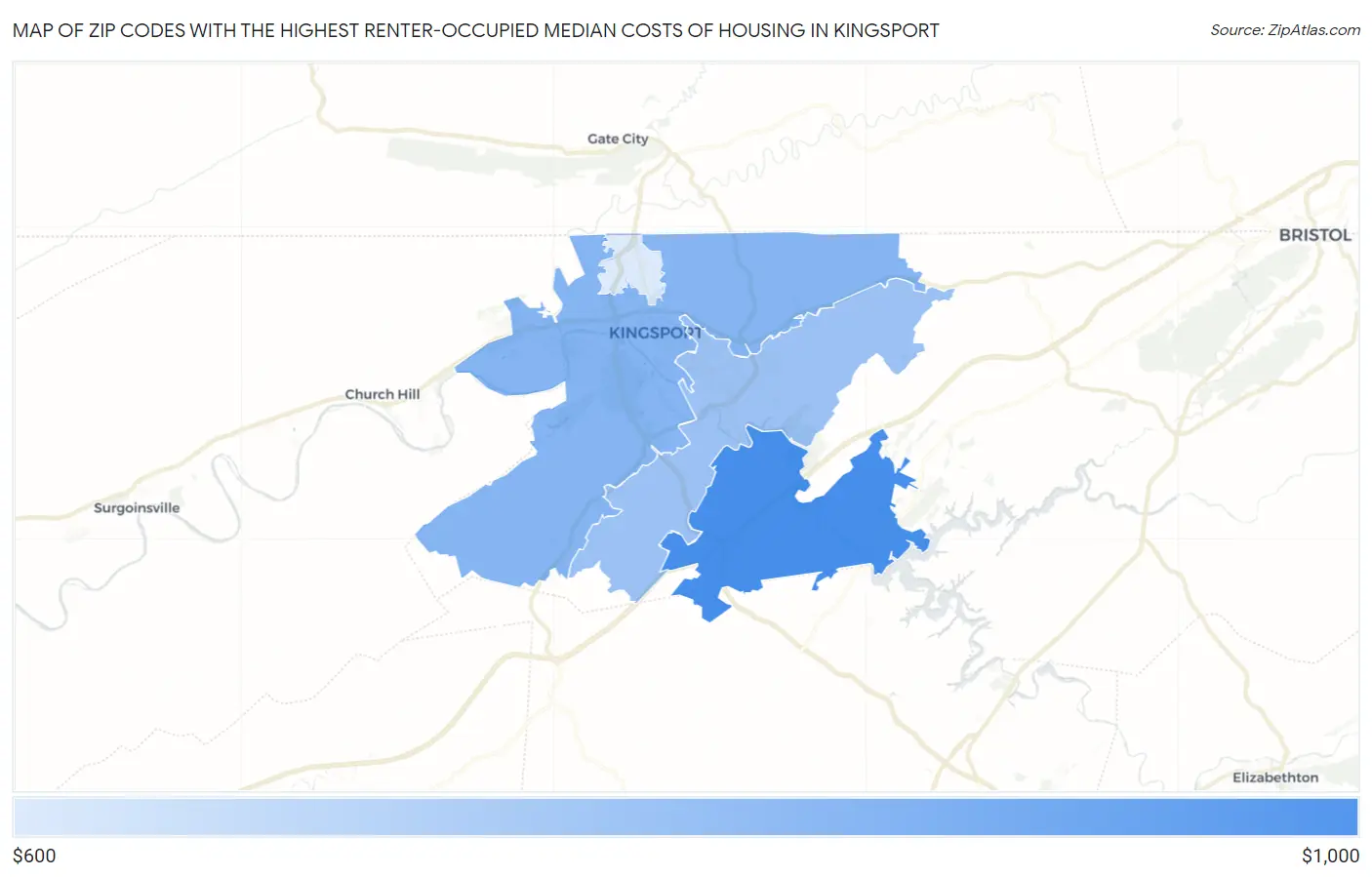 Zip Codes with the Highest Renter-Occupied Median Costs of Housing in Kingsport Map