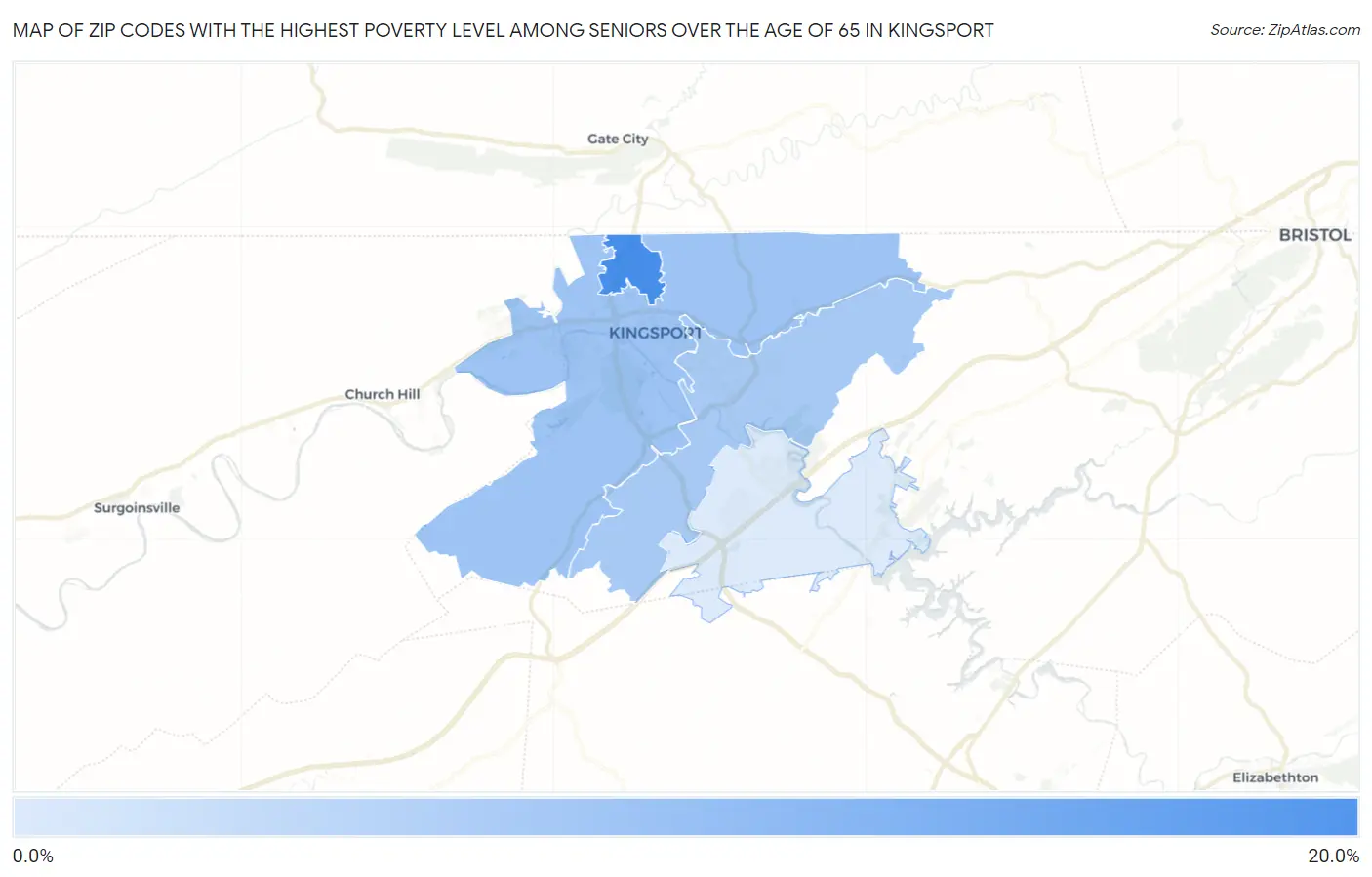 Zip Codes with the Highest Poverty Level Among Seniors Over the Age of 65 in Kingsport Map