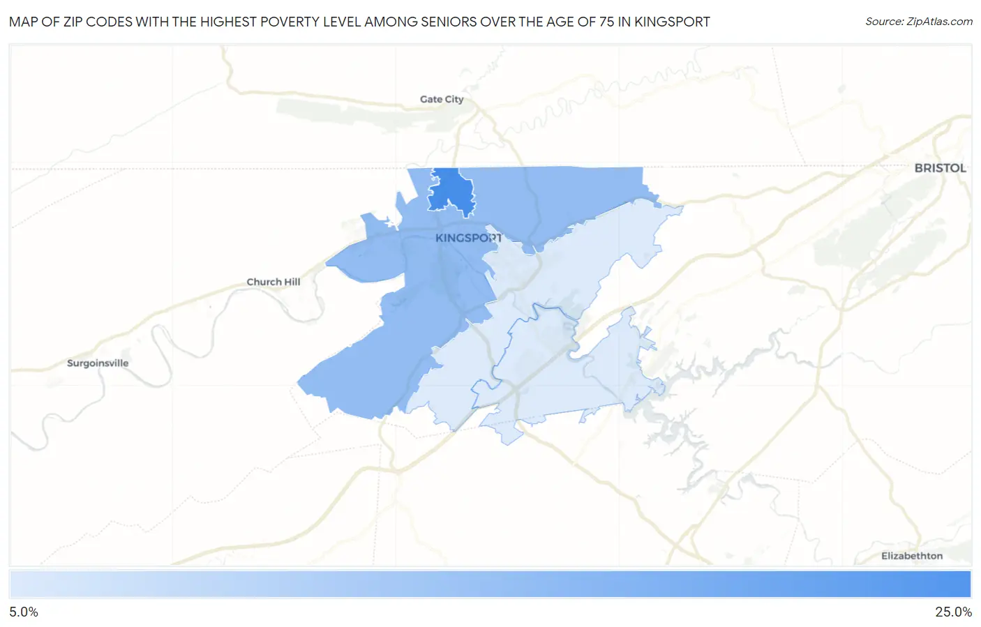 Zip Codes with the Highest Poverty Level Among Seniors Over the Age of 75 in Kingsport Map
