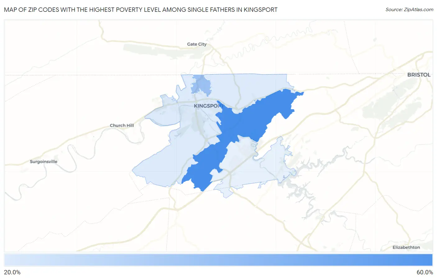 Zip Codes with the Highest Poverty Level Among Single Fathers in Kingsport Map