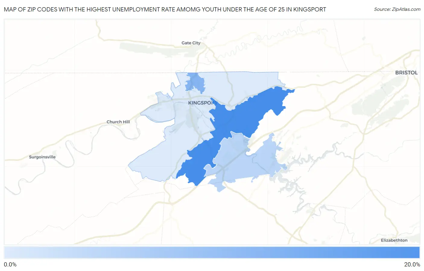 Zip Codes with the Highest Unemployment Rate Amomg Youth Under the Age of 25 in Kingsport Map