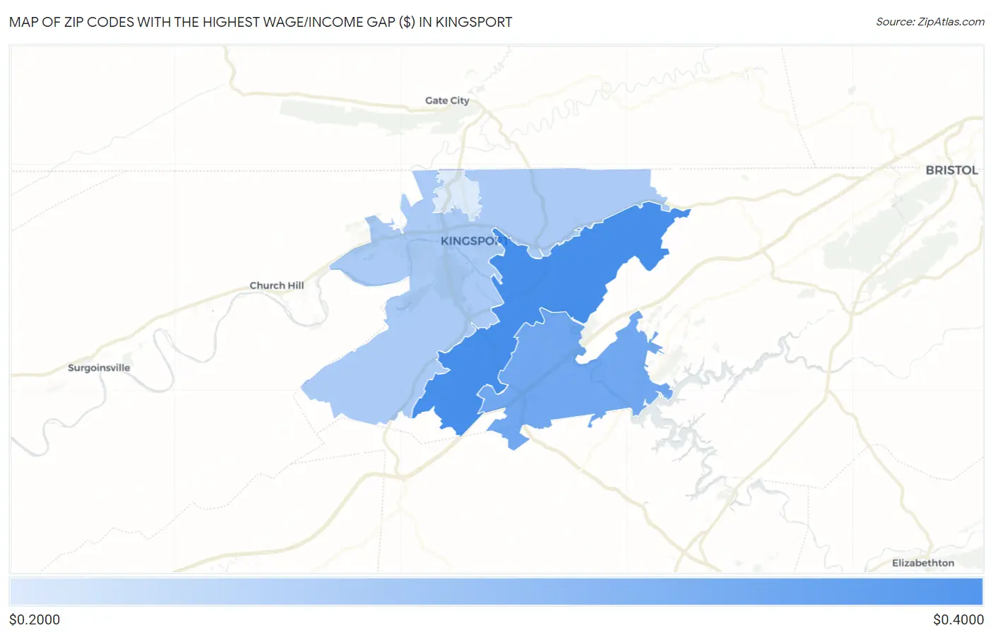 Zip Codes with the Highest Wage/Income Gap ($) in Kingsport Map
