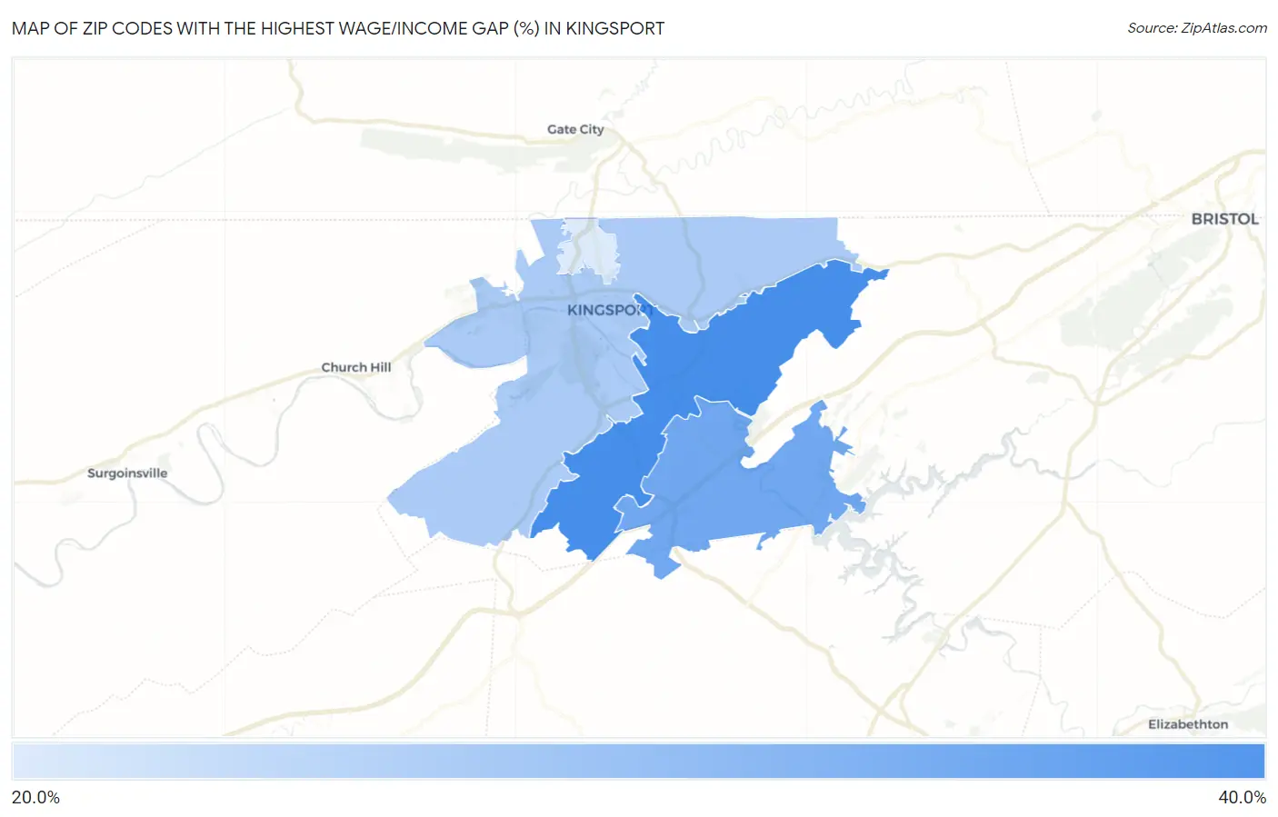 Zip Codes with the Highest Wage/Income Gap (%) in Kingsport Map