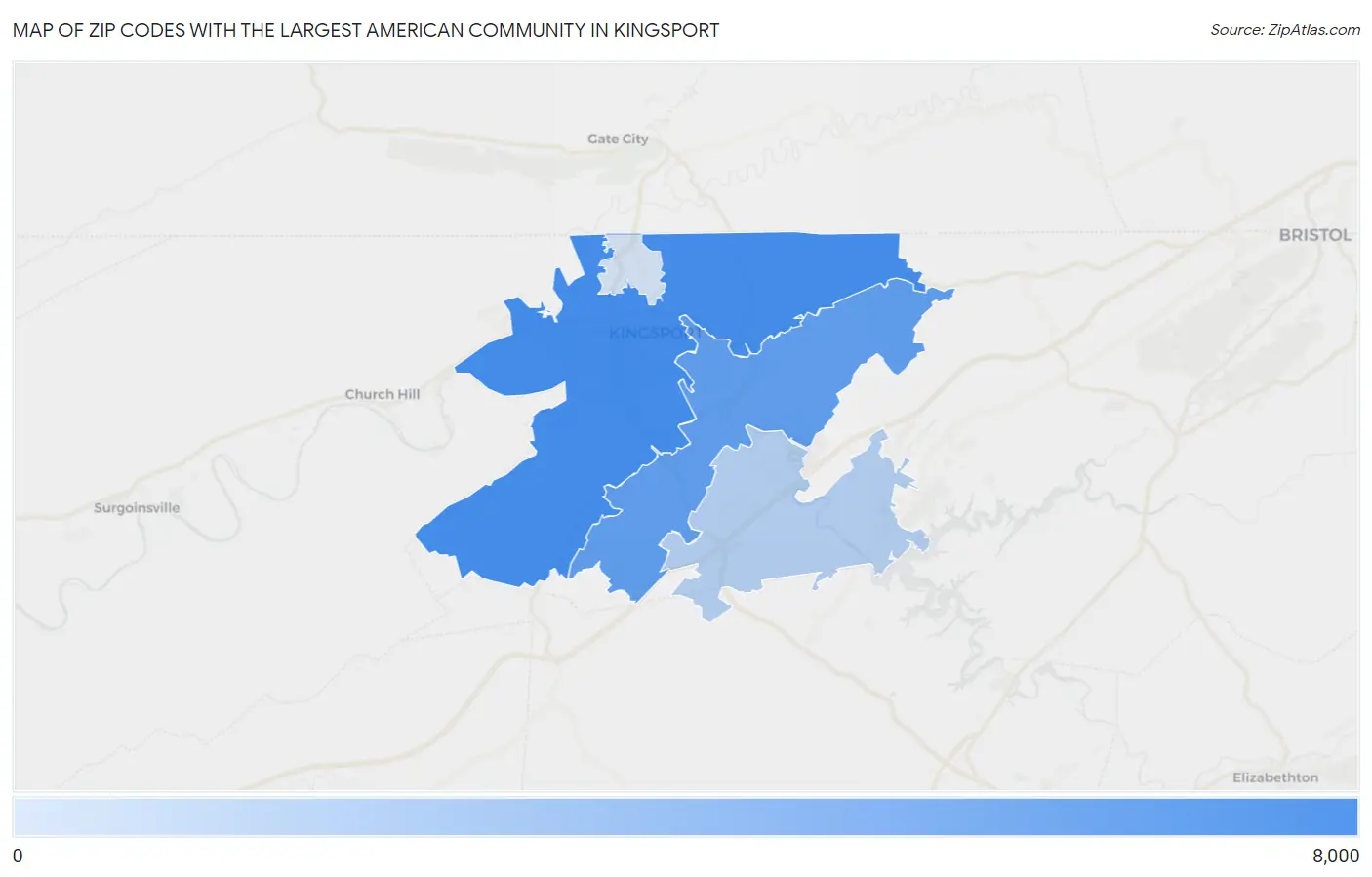 Zip Codes with the Largest American Community in Kingsport Map