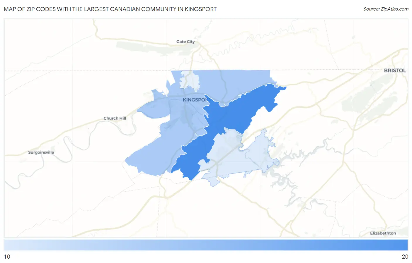 Zip Codes with the Largest Canadian Community in Kingsport Map