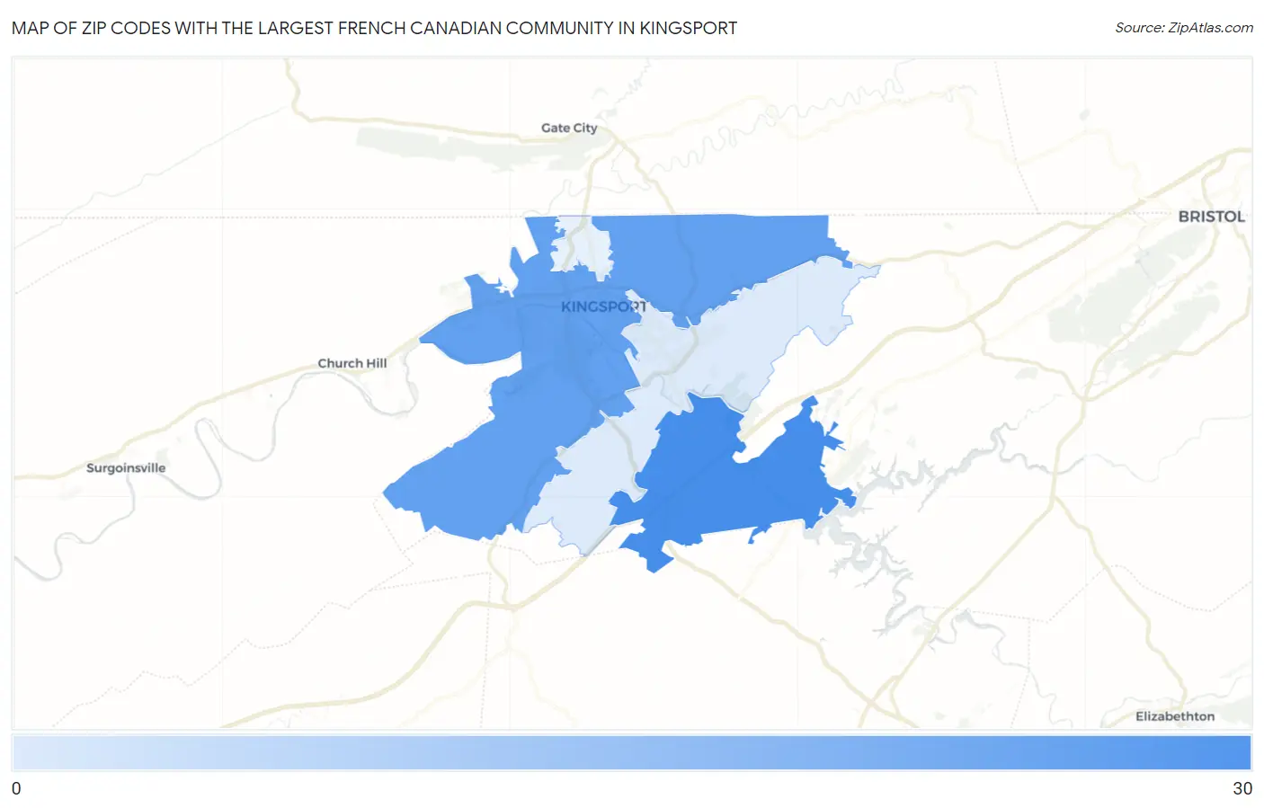 Zip Codes with the Largest French Canadian Community in Kingsport Map