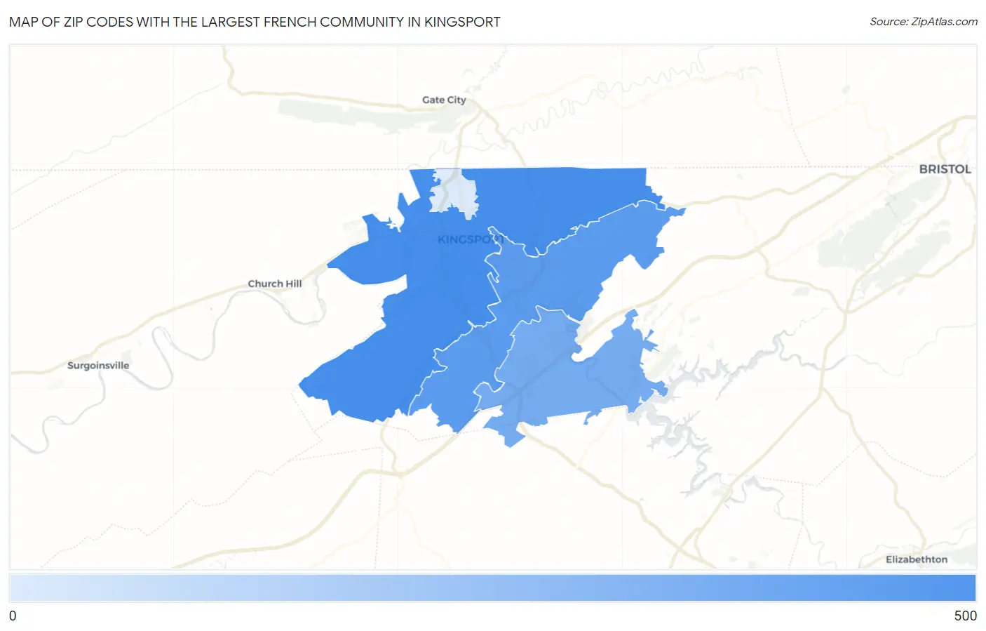 Zip Codes with the Largest French Community in Kingsport Map