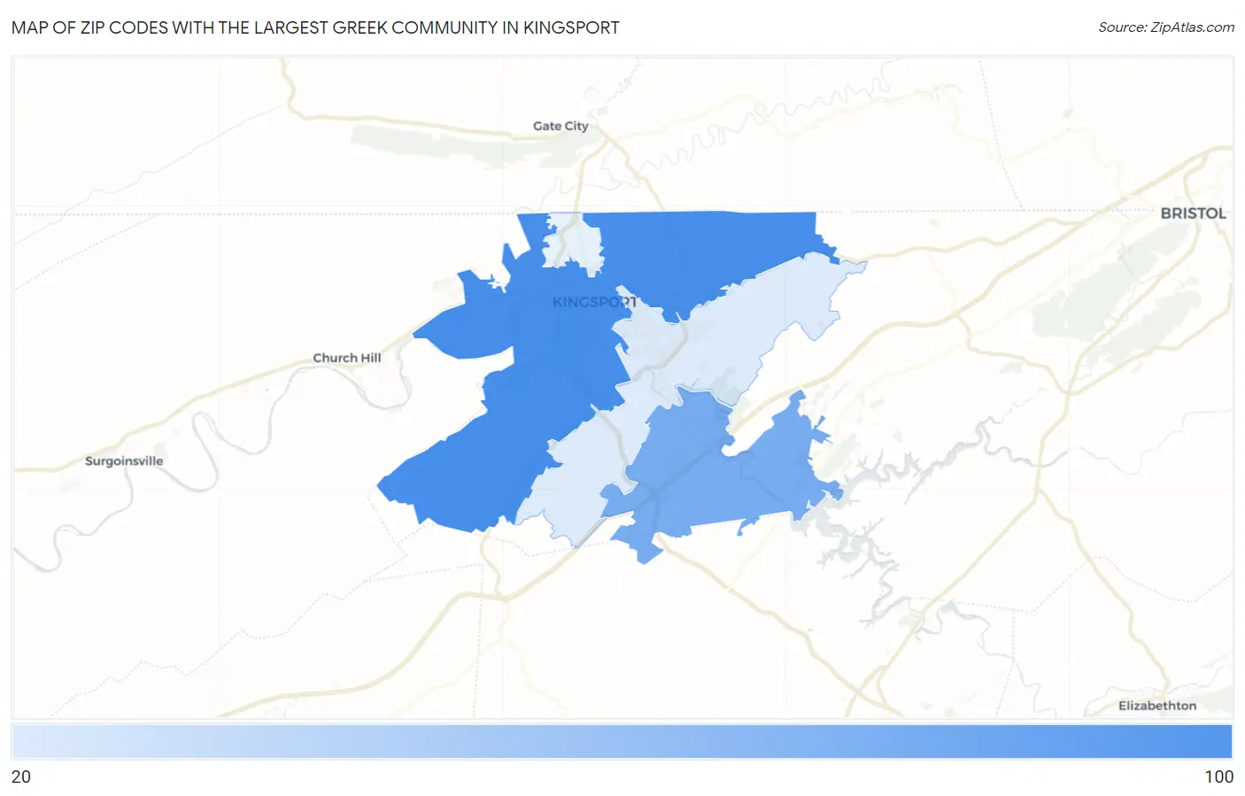 Zip Codes with the Largest Greek Community in Kingsport Map