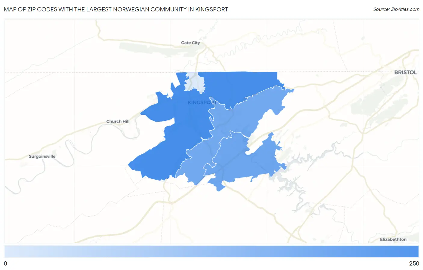 Zip Codes with the Largest Norwegian Community in Kingsport Map
