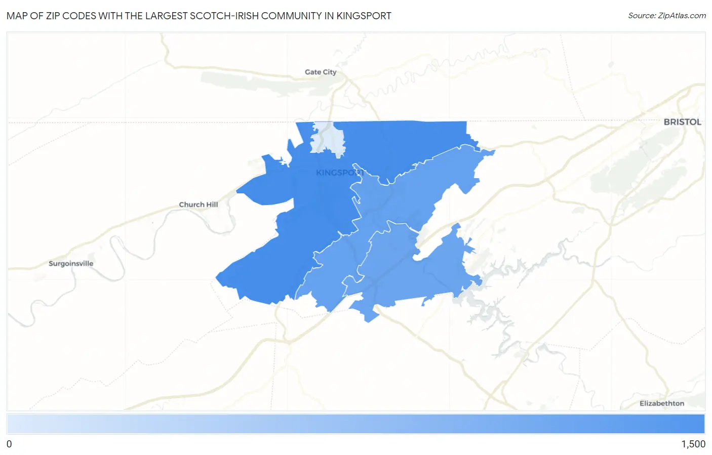 Zip Codes with the Largest Scotch-Irish Community in Kingsport Map