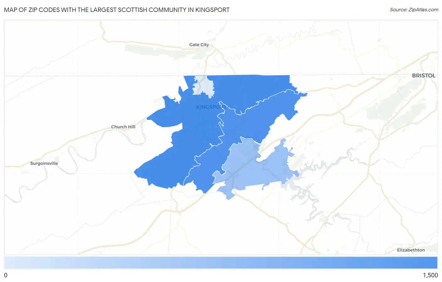 Zip Codes with the Largest Scottish Community in Kingsport Map