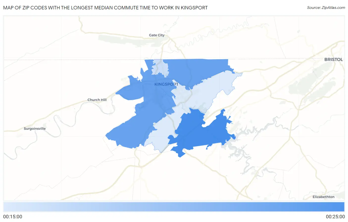 Zip Codes with the Longest Median Commute Time to Work in Kingsport Map