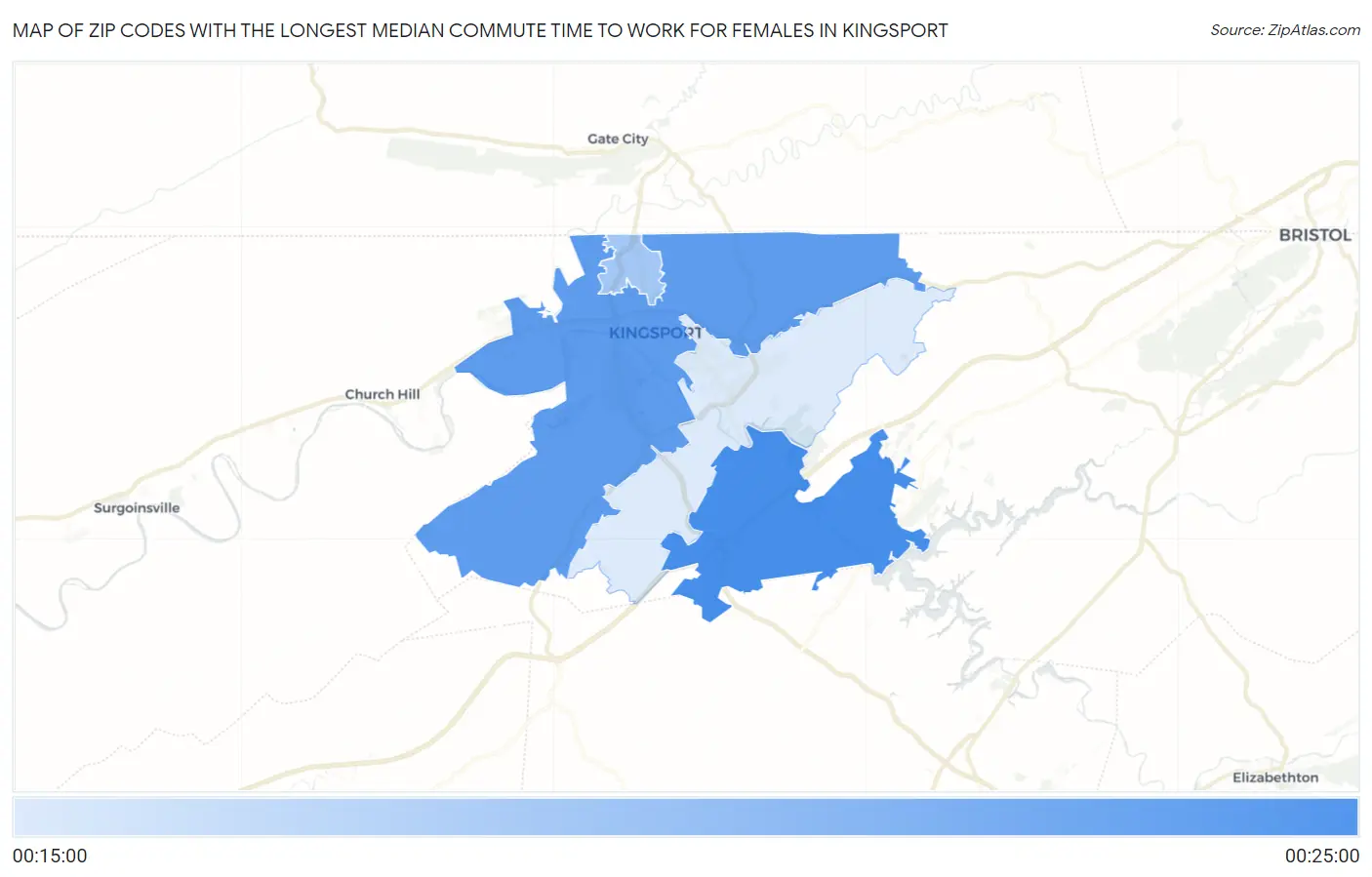Zip Codes with the Longest Median Commute Time to Work for Females in Kingsport Map