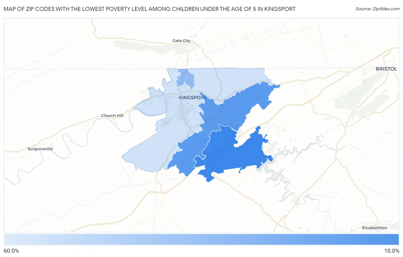 Zip Codes with the Lowest Poverty Level Among Children Under the Age of 5 in Kingsport Map