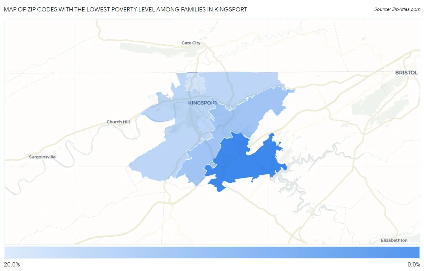 Zip Codes with the Lowest Poverty Level Among Families in Kingsport Map