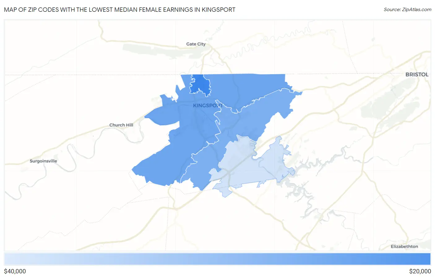 Zip Codes with the Lowest Median Female Earnings in Kingsport Map
