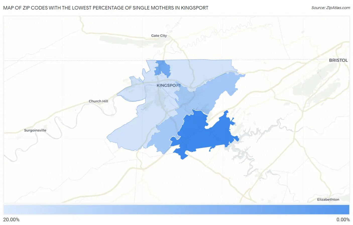 Zip Codes with the Lowest Percentage of Single Mothers in Kingsport Map