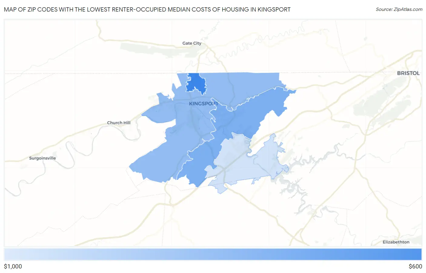 Zip Codes with the Lowest Renter-Occupied Median Costs of Housing in Kingsport Map