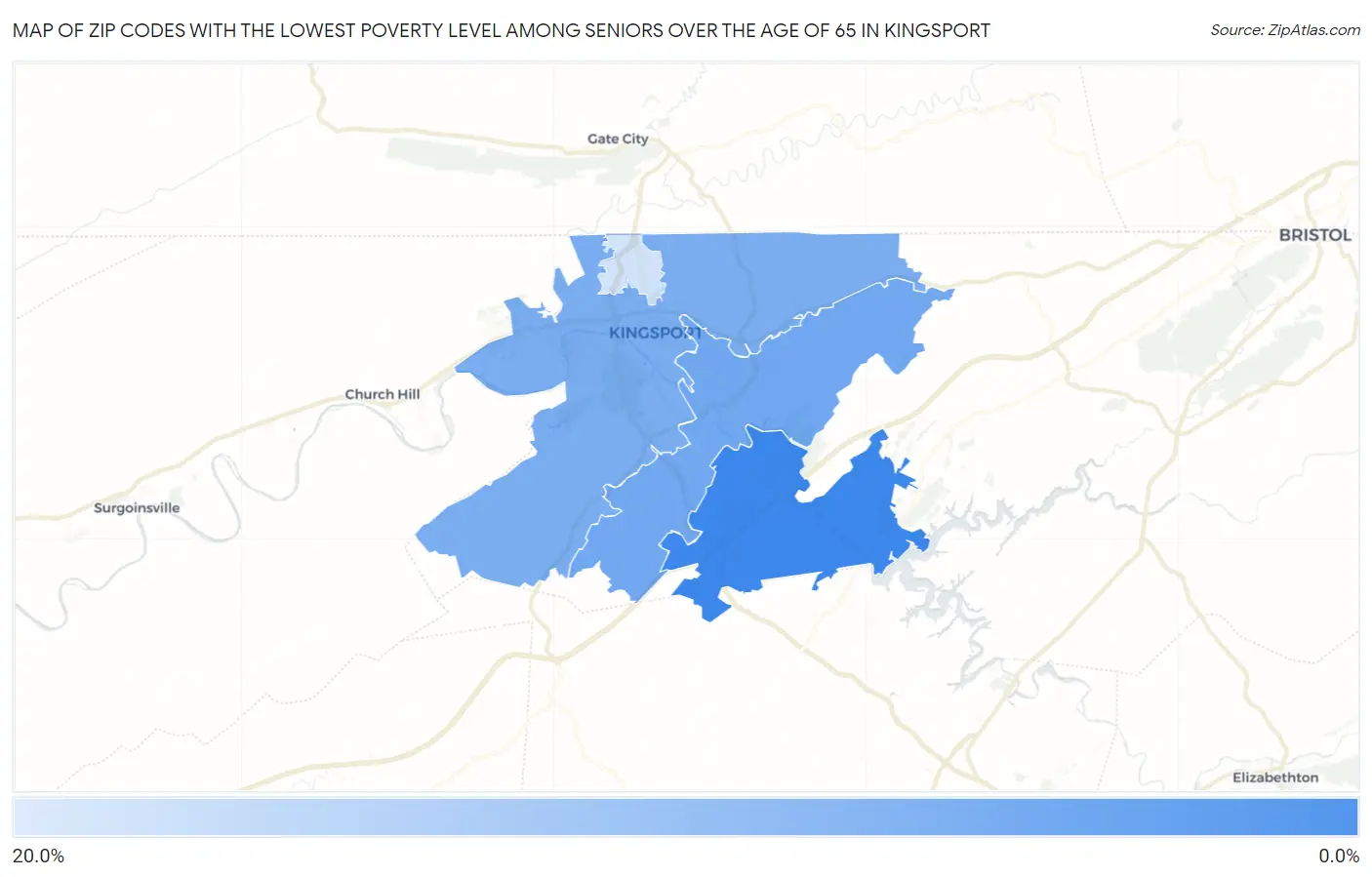 Zip Codes with the Lowest Poverty Level Among Seniors Over the Age of 65 in Kingsport Map