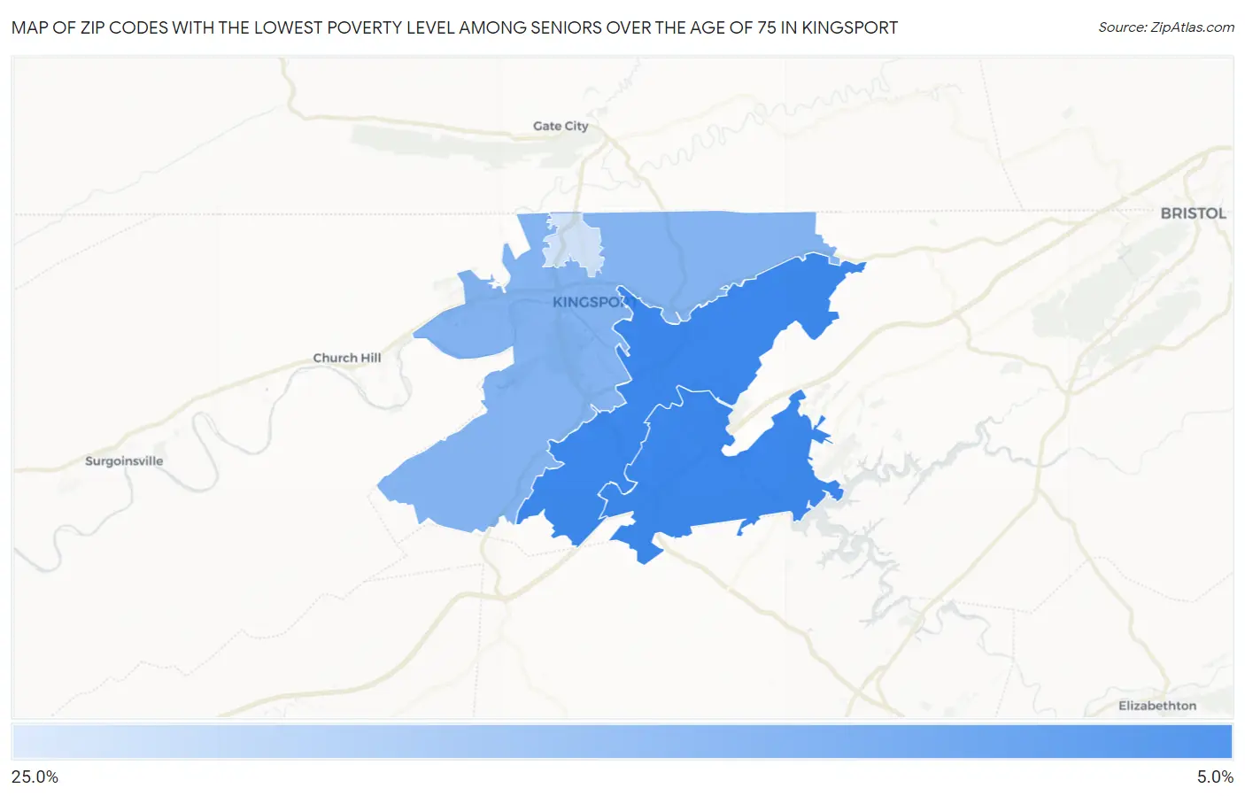 Zip Codes with the Lowest Poverty Level Among Seniors Over the Age of 75 in Kingsport Map