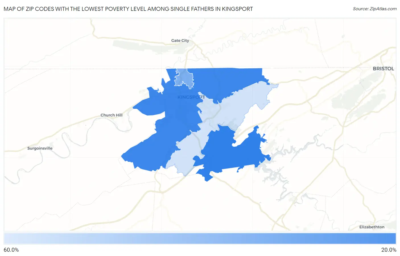 Zip Codes with the Lowest Poverty Level Among Single Fathers in Kingsport Map