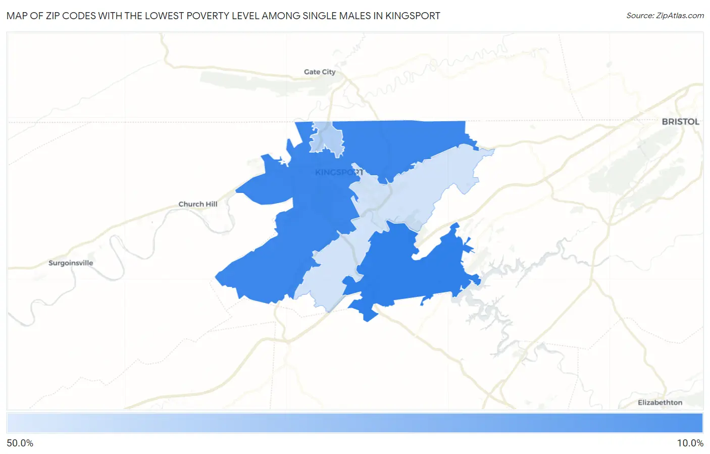 Zip Codes with the Lowest Poverty Level Among Single Males in Kingsport Map