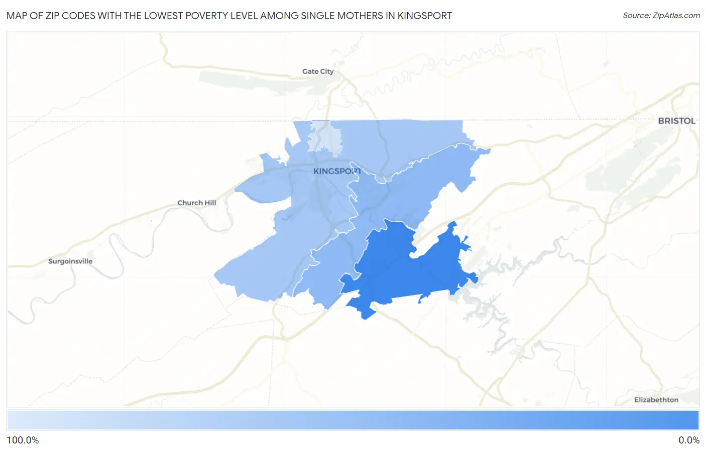 Zip Codes with the Lowest Poverty Level Among Single Mothers in Kingsport Map