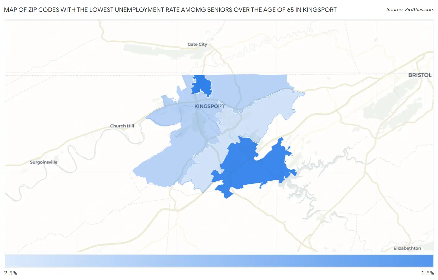 Zip Codes with the Lowest Unemployment Rate Amomg Seniors Over the Age of 65 in Kingsport Map