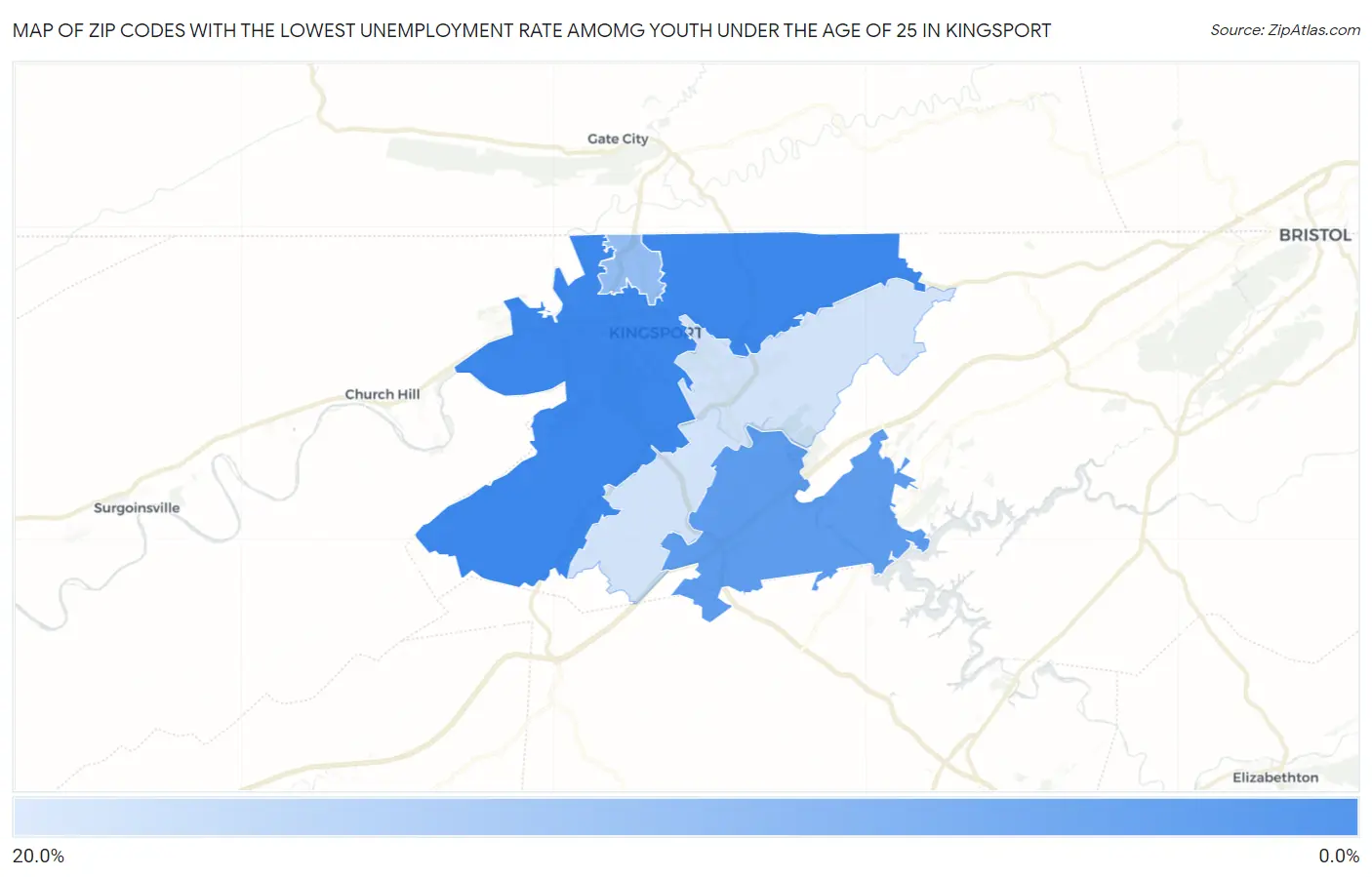 Zip Codes with the Lowest Unemployment Rate Amomg Youth Under the Age of 25 in Kingsport Map