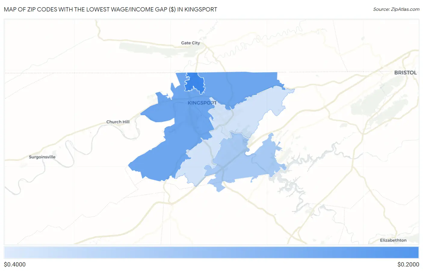 Zip Codes with the Lowest Wage/Income Gap ($) in Kingsport Map
