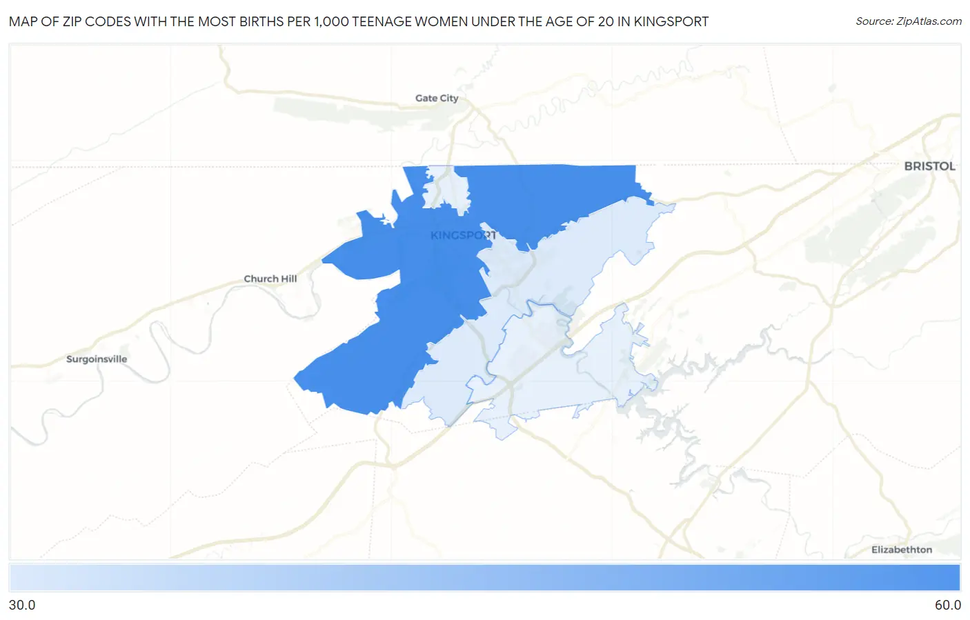 Zip Codes with the Most Births per 1,000 Teenage Women Under the Age of 20 in Kingsport Map