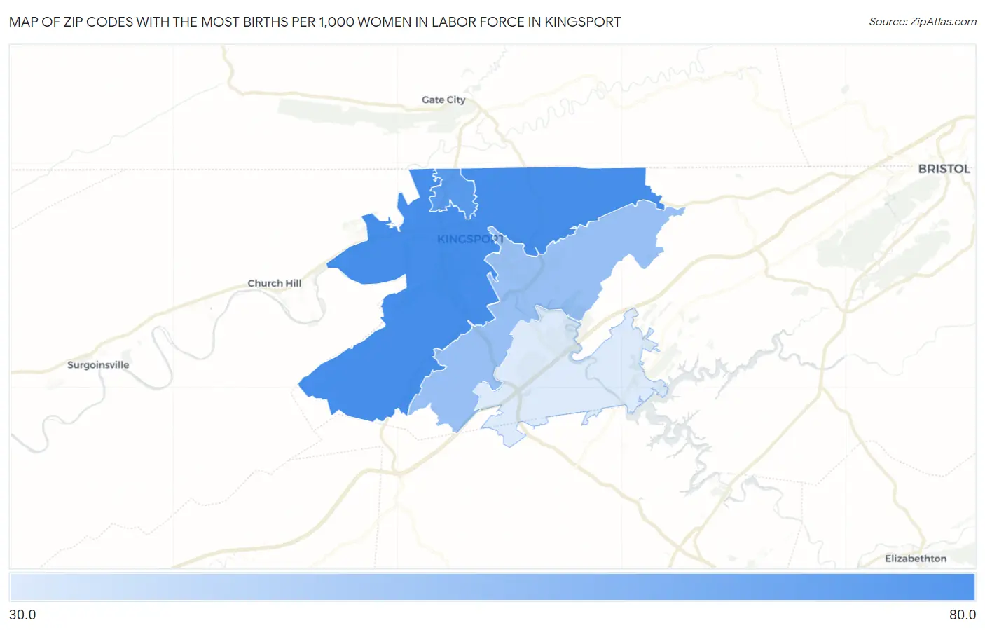 Zip Codes with the Most Births per 1,000 Women in Labor Force in Kingsport Map