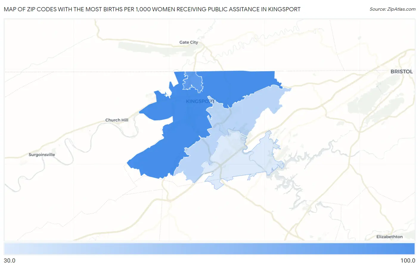 Zip Codes with the Most Births per 1,000 Women Receiving Public Assitance in Kingsport Map