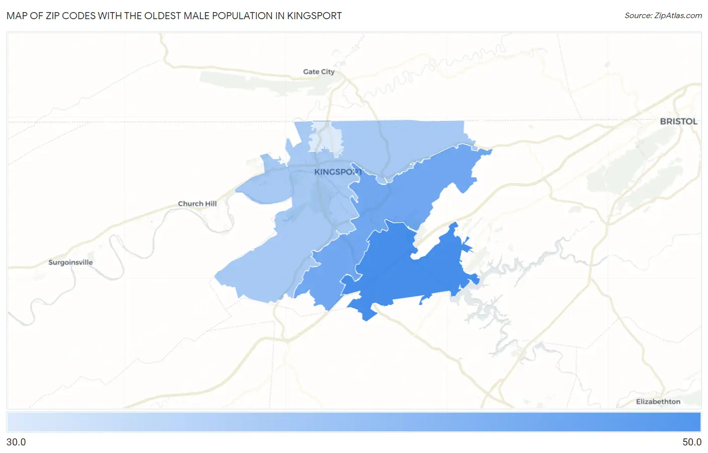 Zip Codes with the Oldest Male Population in Kingsport Map