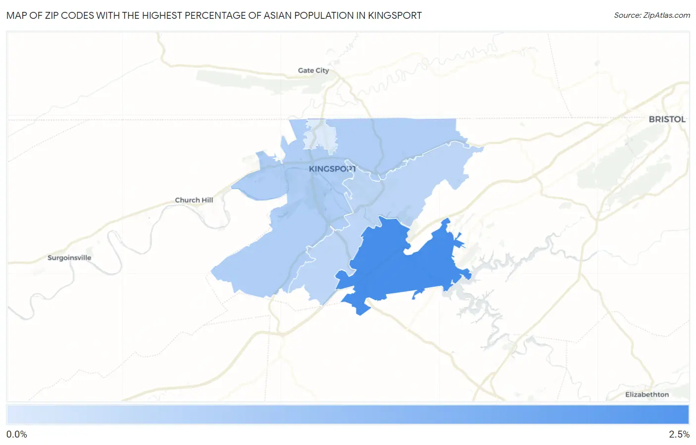 Zip Codes with the Highest Percentage of Asian Population in Kingsport Map