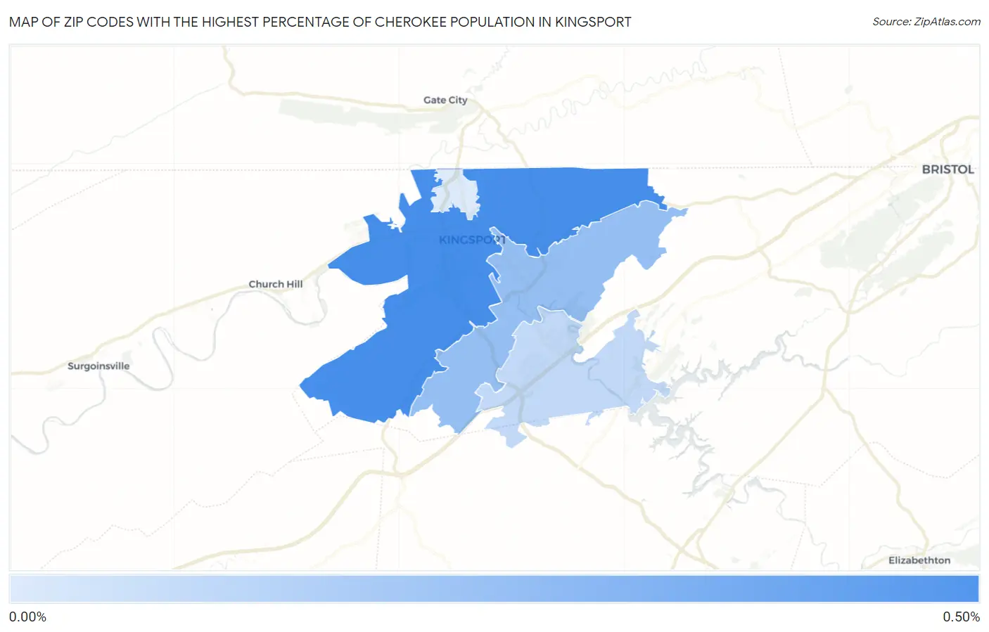 Zip Codes with the Highest Percentage of Cherokee Population in Kingsport Map