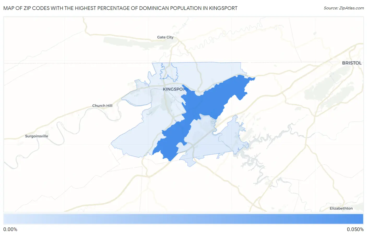 Zip Codes with the Highest Percentage of Dominican Population in Kingsport Map