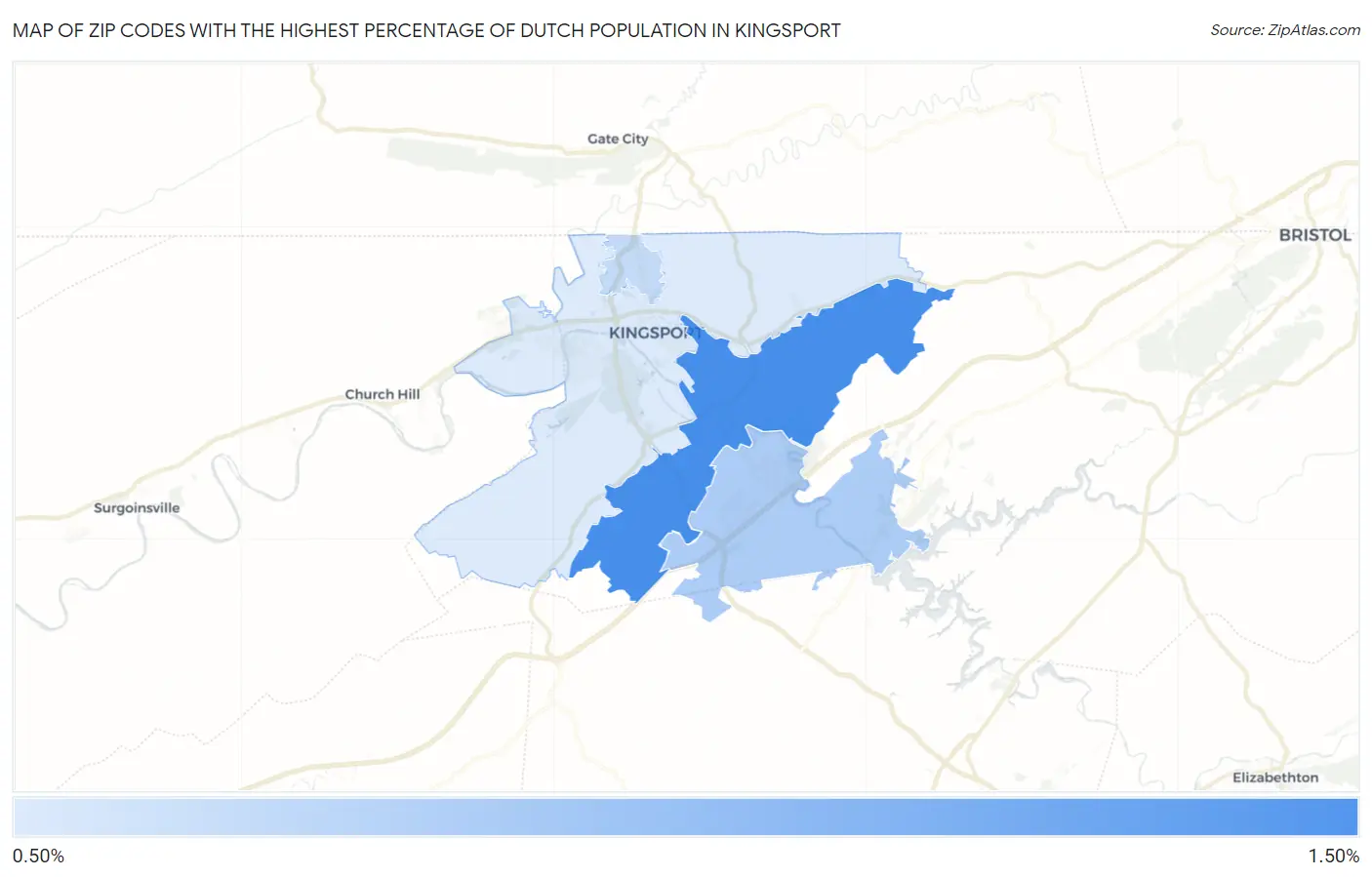 Zip Codes with the Highest Percentage of Dutch Population in Kingsport Map