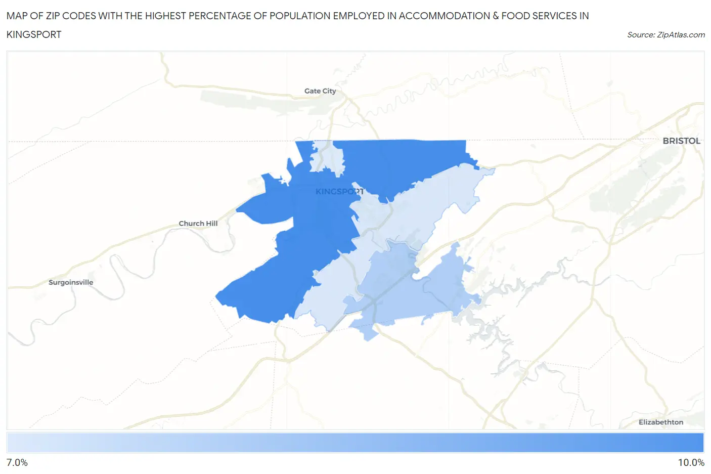 Zip Codes with the Highest Percentage of Population Employed in Accommodation & Food Services in Kingsport Map
