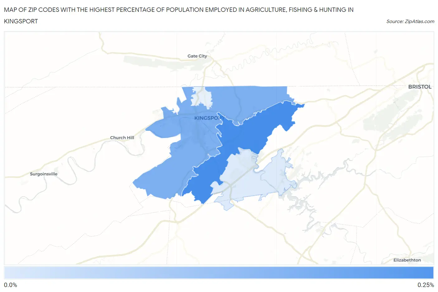 Zip Codes with the Highest Percentage of Population Employed in Agriculture, Fishing & Hunting in Kingsport Map