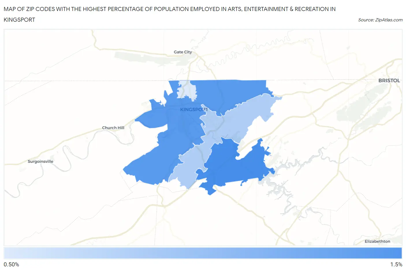 Zip Codes with the Highest Percentage of Population Employed in Arts, Entertainment & Recreation in Kingsport Map
